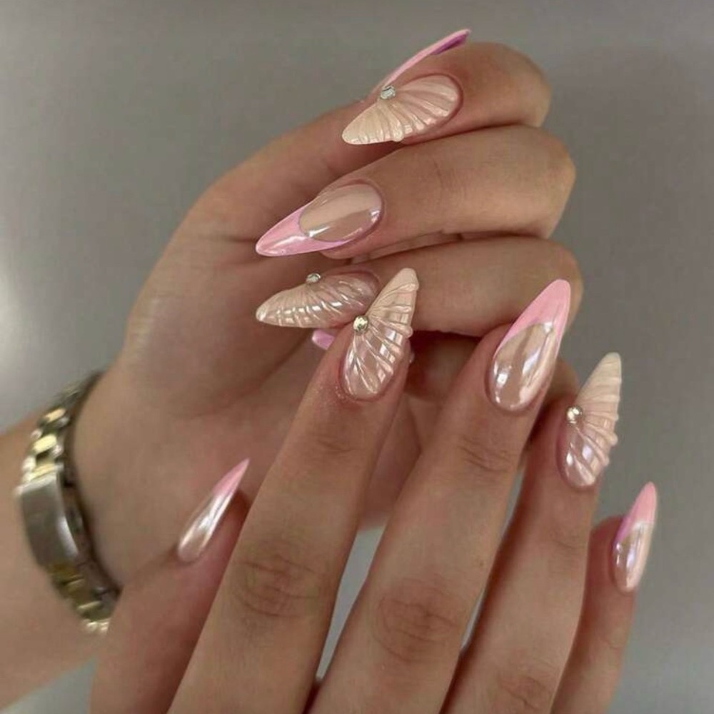 Baby Pink & Pearl Textured French Tip Almond Nail Kit, Press-On Nails, New